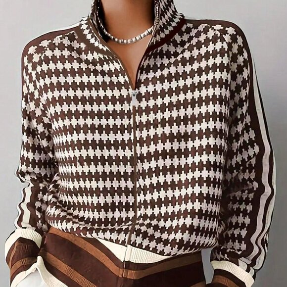 Multicolor Casual Women's Pattern Zippered Knitted Stand Collar Cardigan - Picture 3 of 3